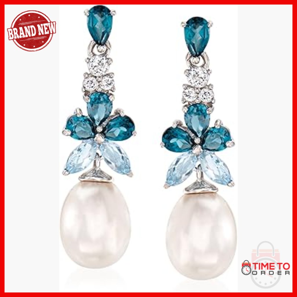 Sterling Silver Pearl Topaz Drop Earrings 8.5-9mm 2.3ct